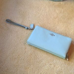 Coach aqua/mint pebbled leather wristlet NWOT